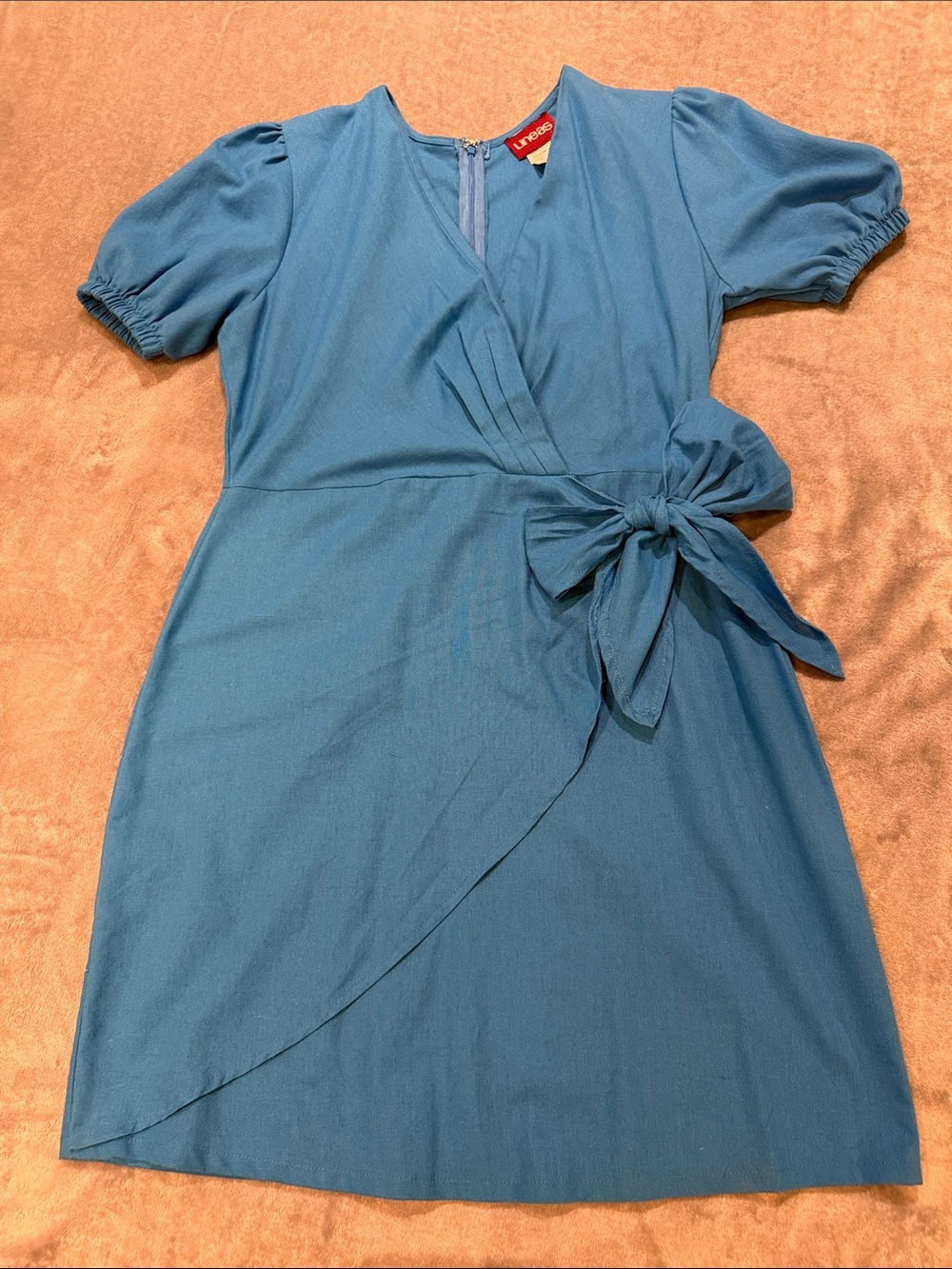 Lineas Linen Blend Blue Faux Wrap Dress, size L